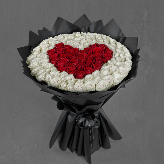 101 White Roses with Red Heart Floor Bouquet