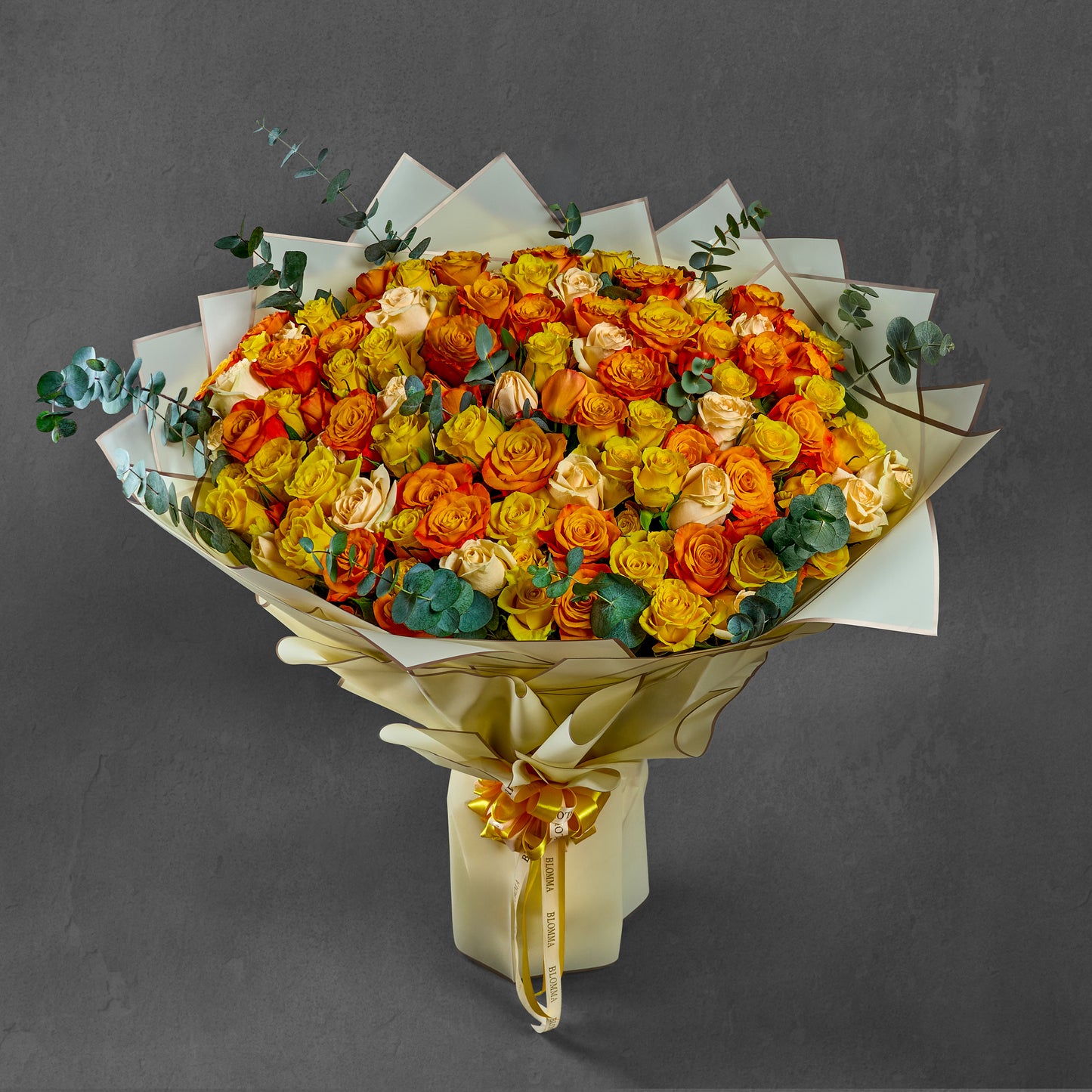 101 Mixed Orange Yellow Roses with Eucalyptus Floor Bouquet