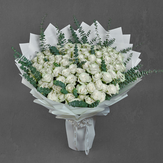 101 White Roses with Eucalyptus Floor Bouquet